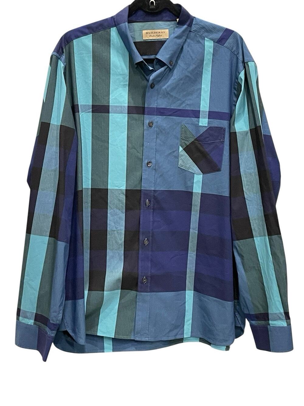 Burberry blue and teal plaid long-sleeve button-up shirt Size:3XL